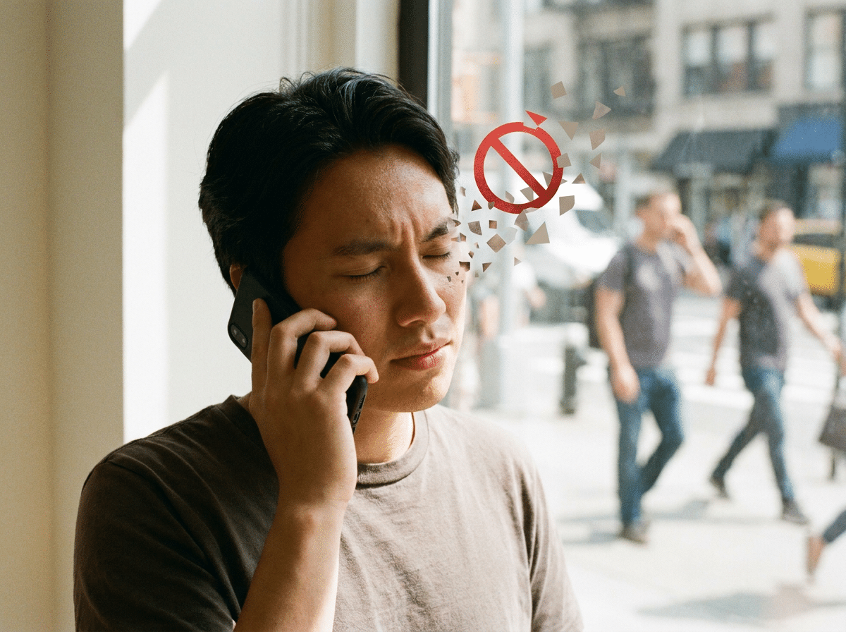 Person am Telefon verarbeitet ein Nein, bleibt aber gefasst und entschlossen