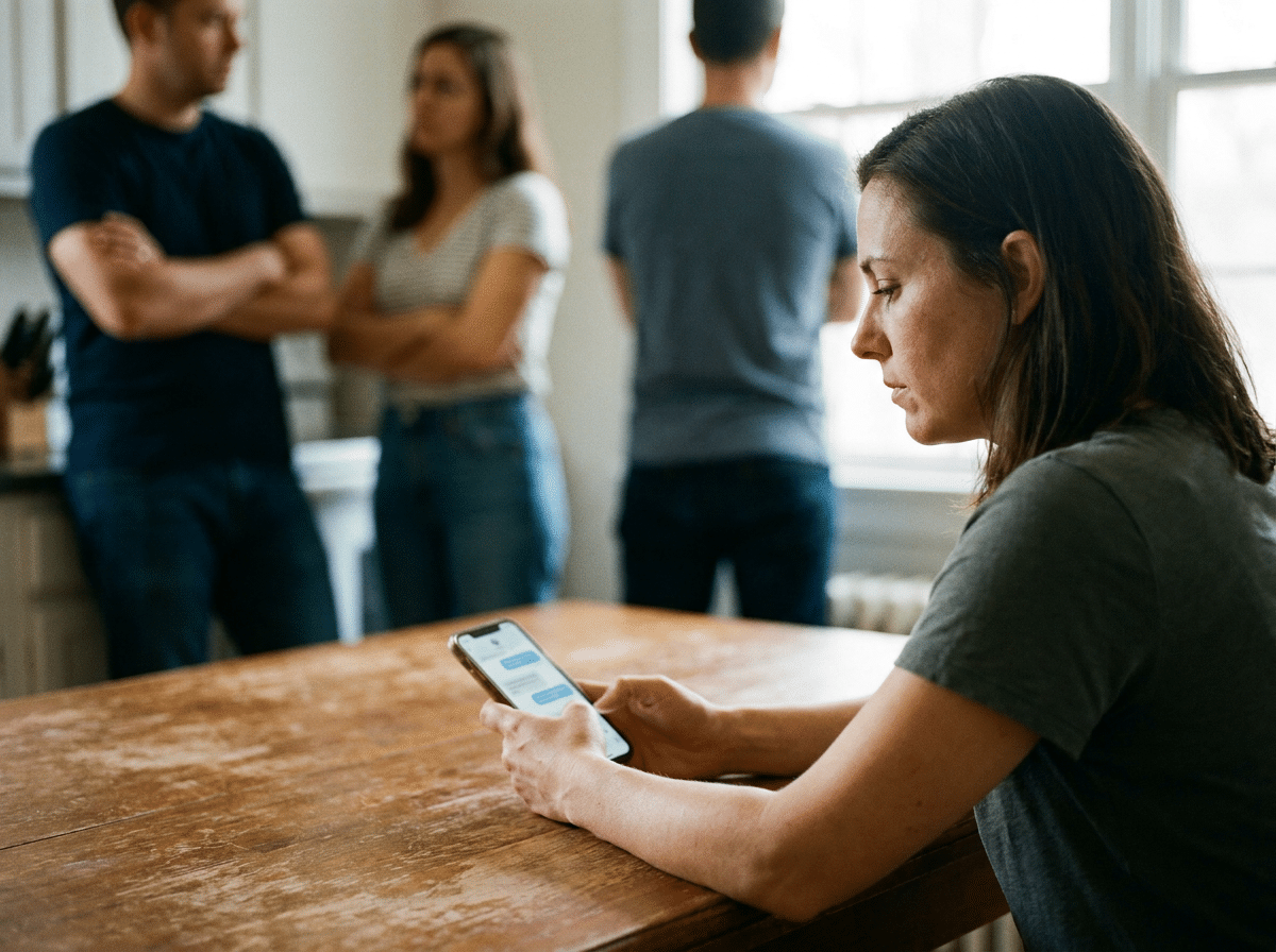 Person hält ein Smartphone, während Familie im Hintergrund skeptisch reagiert und ablehnt