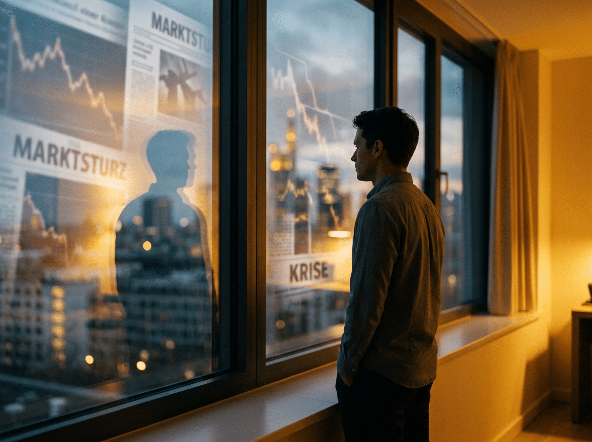 Person blickt ruhig aus dem Fenster, Spiegelung symbolisiert die innere Stimme in der Krise