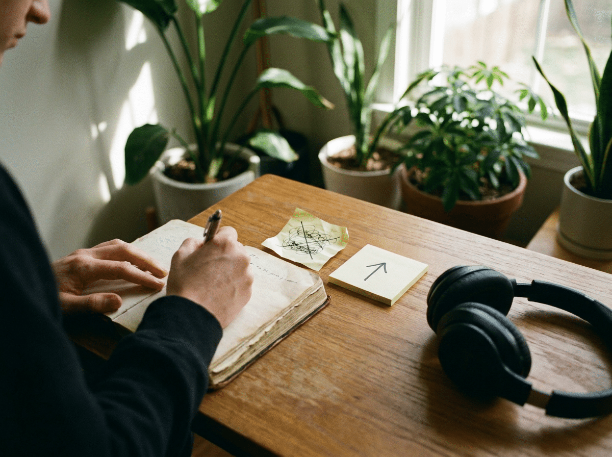 Notizbuch und Post-its symbolisieren, wie man negative Gedanken in der Krise bewusst ersetzt