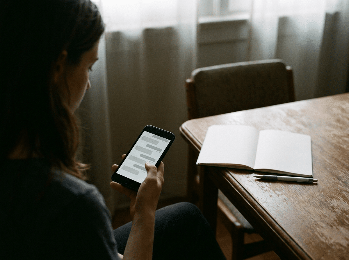 nbeantwortete Nachrichten auf dem Handy und ein leerer Stuhl symbolisieren verschwundene Partner