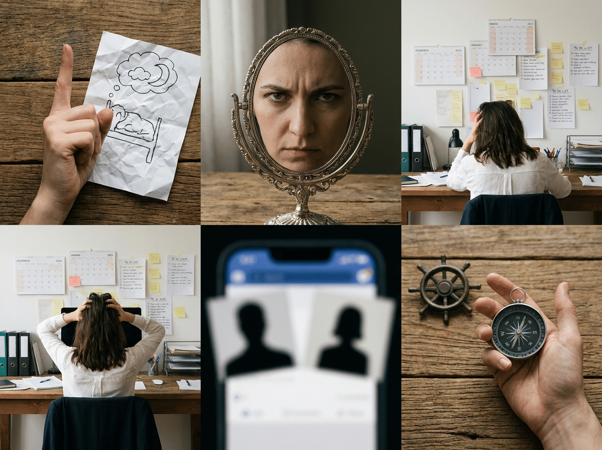 Warnende Metaphern zeigen typische Selbstsabotage wie Vergleichen, Überarbeitung und Zweifel-Umfeld