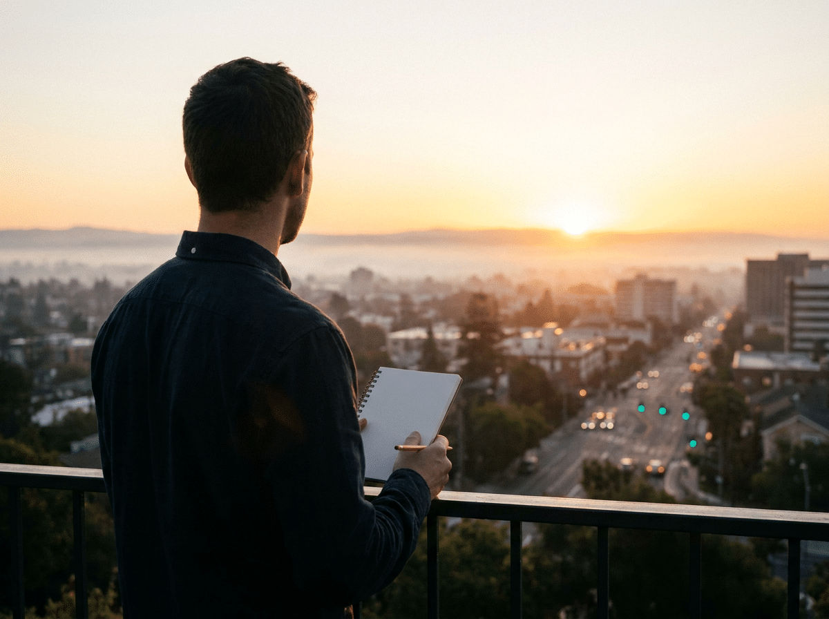 Sonnenaufgang und Notizbuch stehen für Chancen und Handeln trotz Krise