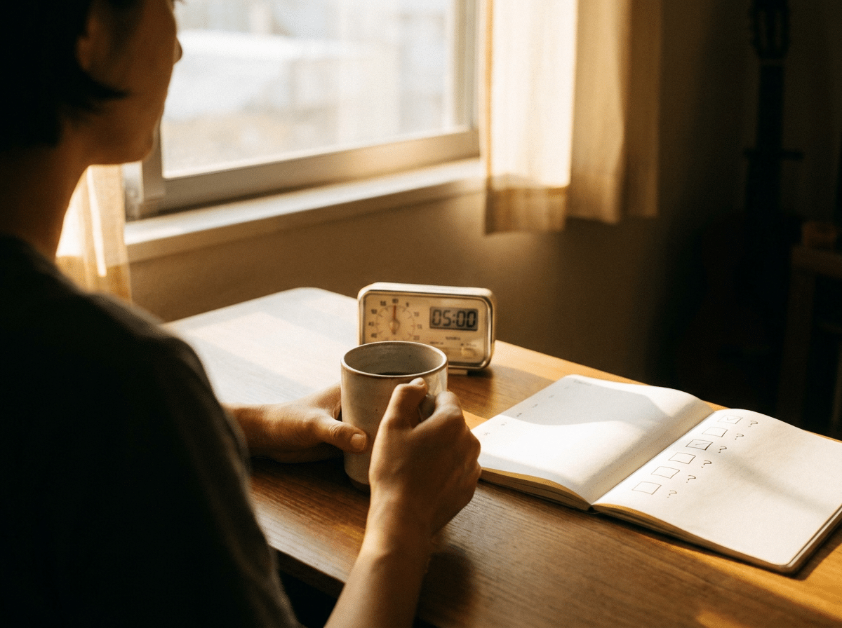 Morgenroutine mit Timer und Notizbuch symbolisiert tägliches Angst-Training in fünf Minuten